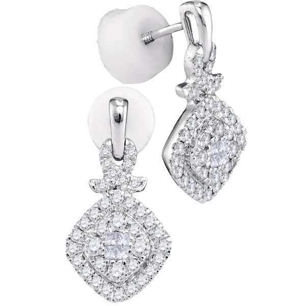 14kt White Gold Womens Princess Diamond Soleil Square Frame Cluster Dangle Earrings 1/2 Cttw