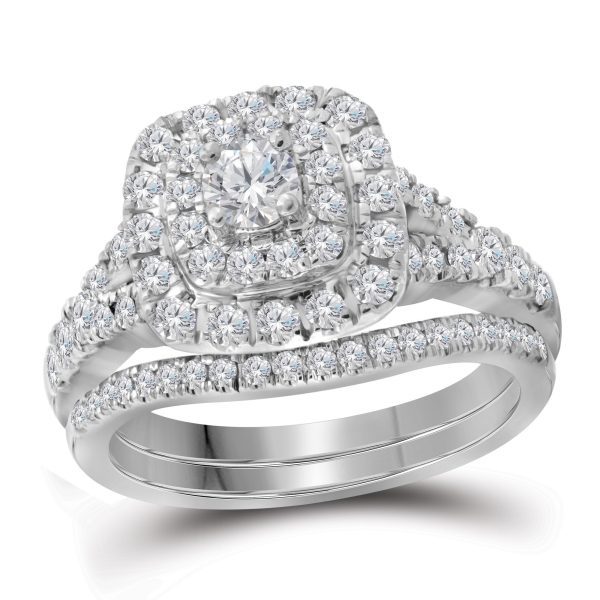 14kt White Gold Womens Round Diamond Bellissimo Double Halo Bridal Wedding Engagement Ring Band Set 1.00 Cttw - Image 2