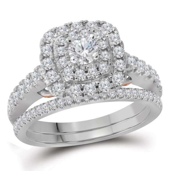 14kt White Gold Womens Round Diamond Bellissimo Double Square Halo Bridal Wedding Engagement Ring Band Set 1.00 Cttw - Image 2