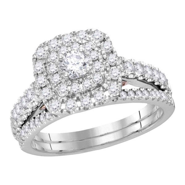 14kt White Gold Womens Round Diamond Bellissimo Double Square Halo Bridal Wedding Engagement Ring Band Set 1.00 Cttw