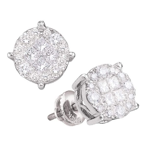 14kt White Gold Womens Princess Diamond Soleil Cluster Screwback Earrings 1/4 Cttw