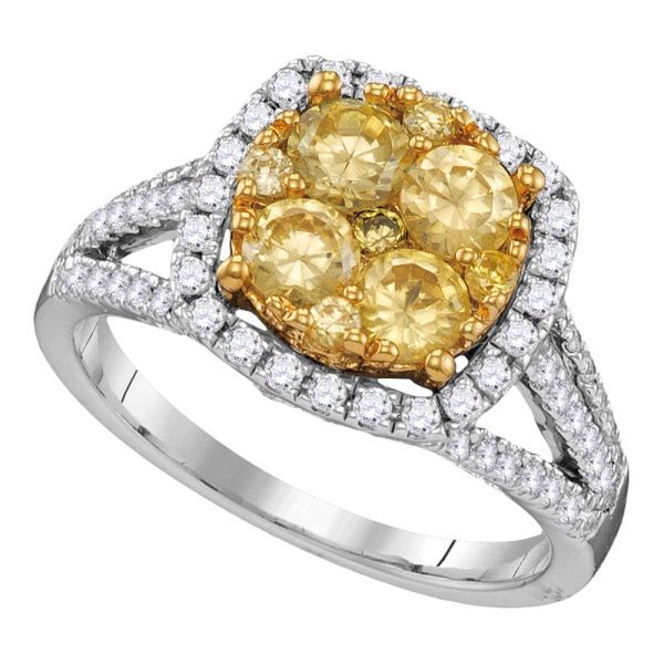14kt White Gold Womens Round Yellow Diamond Cluster Bridal Wedding Engagement Ring 2-1/5 Cttw