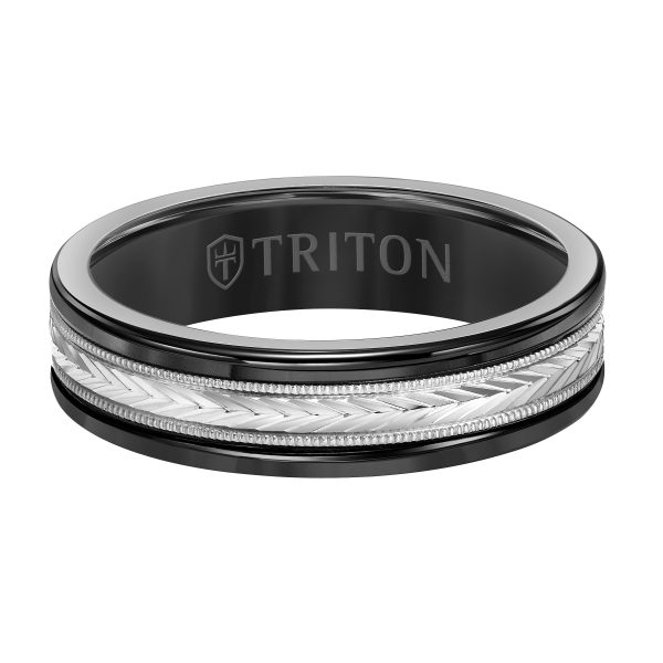 6mm Black Tungsten Carbide Ring with 14kt White Gold Chevron Pattern Center - Image 2