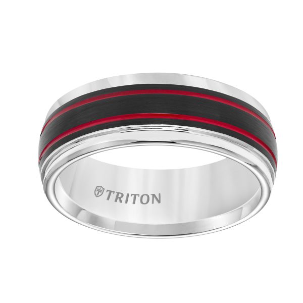 Tungsten Carbide Comfort Fit Mens White Band with Black Matte Center with Fire Red Stripes and Bright Round Rims - Image 3