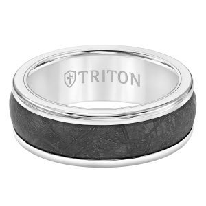 8mm White Tungsten Carbide Ring with Meteorite Center and Round Edge