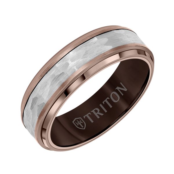 7MM Espresso Tungsten Carbide Ring - Hammered Center and Step Edge