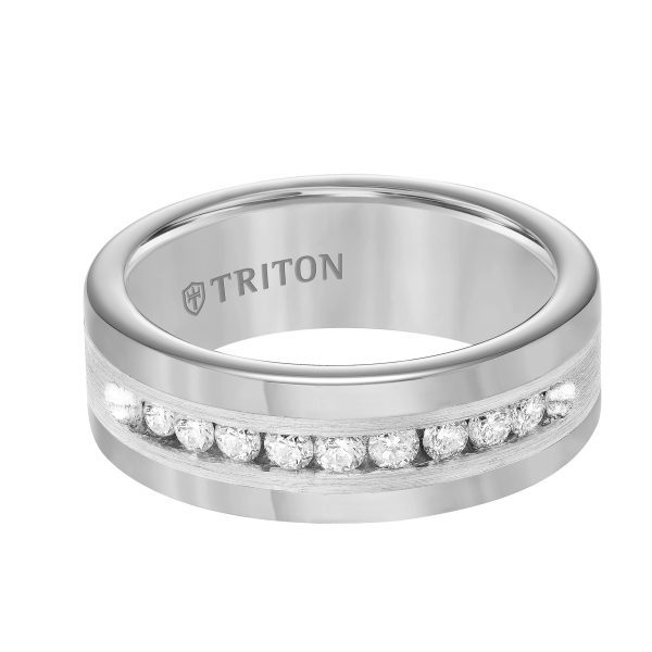8mm Tungsten carbide comfort fit wedding band with Satin finish silver inlay and channel set diamonds. - Image 2