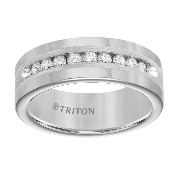 8mm Tungsten carbide comfort fit wedding band with Satin finish silver inlay and channel set diamonds. - Image 3