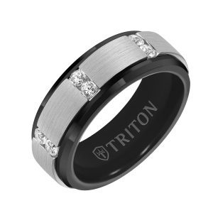 8MM Black Tungsten Diamond Ring - Vertical Channel Set Silver Satin Finish and Bevel Edge
