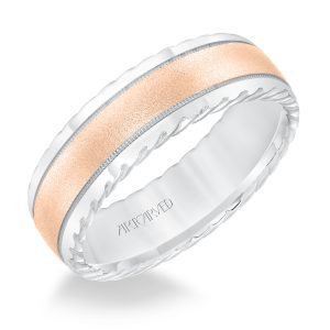 11-WV8642WR7-G.00 - ARTCARVED - Mens wedding band with soft sand finish and round edge, rope treatment on the side with milgrain accent and low dome profile.