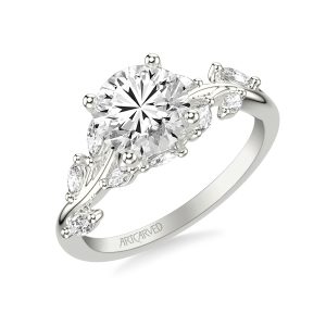 31-V1072IRW-E.01 - ARTCARVED - Floral Engagement Ring with Prong Set Marquise Diamonds and Hidden Diamond Accent