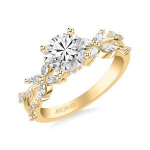 31-V1085GRY-E.01 - ARTCARVED - Floral Engagement Ring with Prong Set Marquise Diamond Petal Accents and Polished Bypass Shank